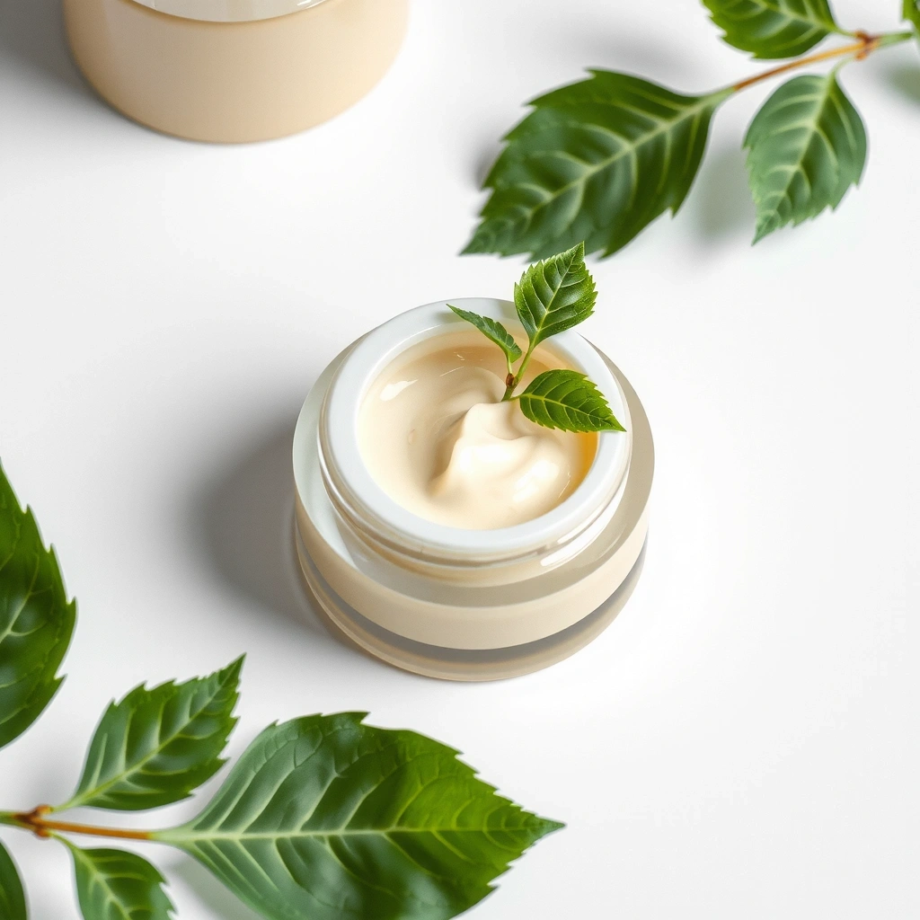Luxurious skincare cream texture with botanical elements