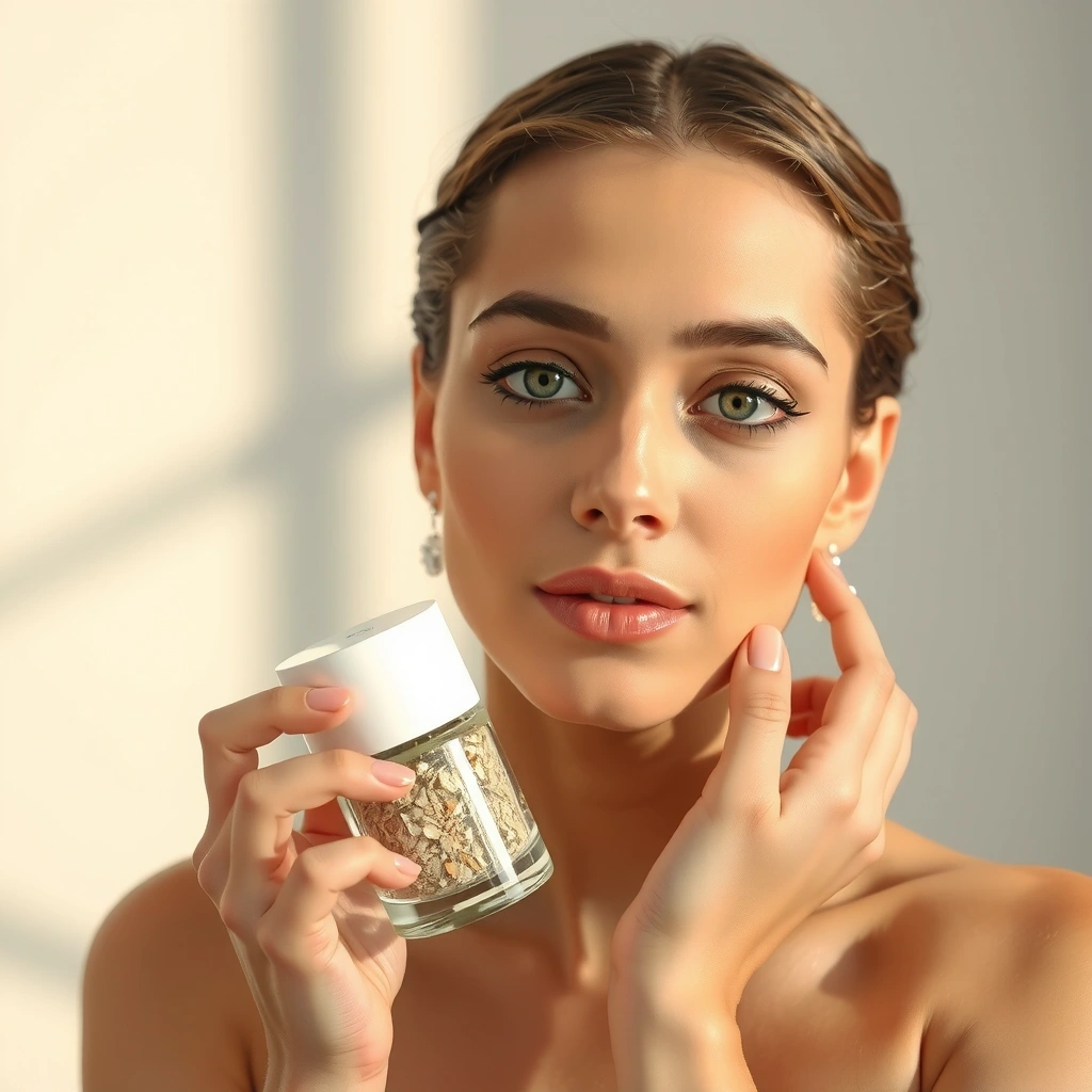 Woman in relaxed, glowing setting with natural skincare routine